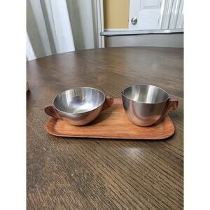Vintage Brostrom Teakwood Tray Denmark Cream And Sugar Set Stainless Steel